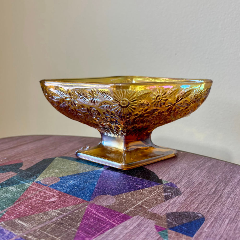 Indiana Glass co. Diamond Candy Dish, Marigold Amber Carnival Glass 1960s